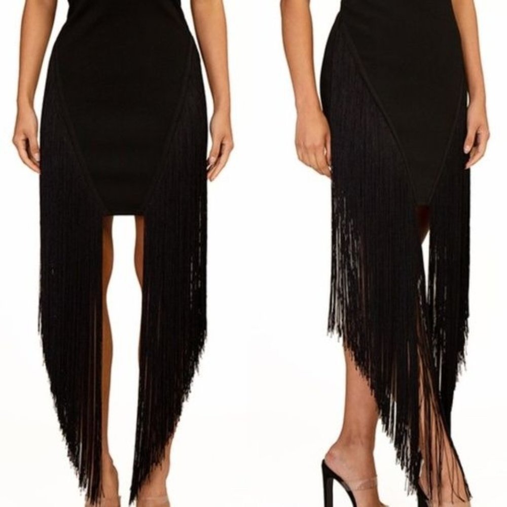 Callie Maxi Fringe: Statement Black Strapless Bandage Tube Mini Dress - Picture 3 of 4